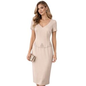 Donna Morgan‎ Sheath Dress Beige V Neck Short Sleeve Embellished Waist Size 8